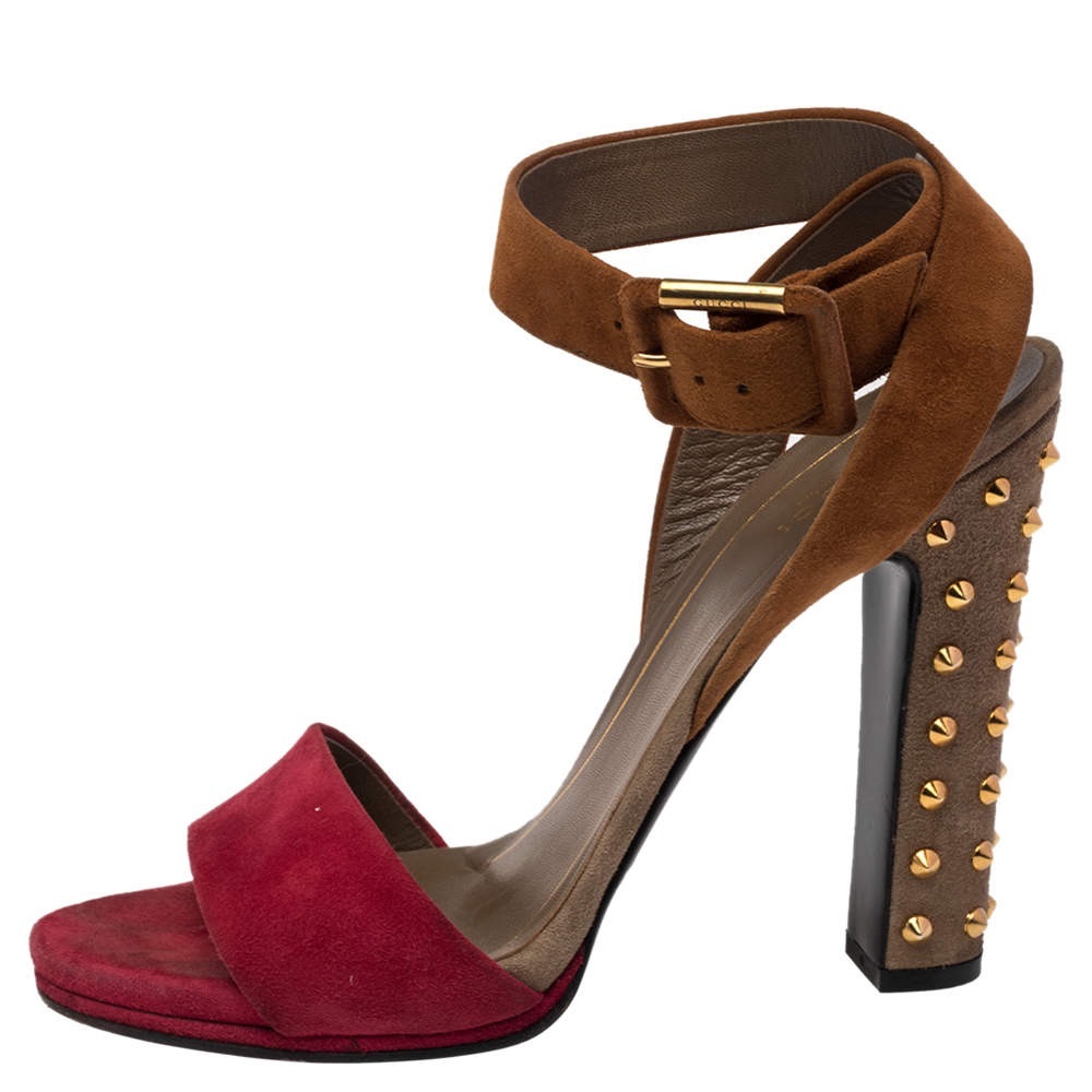 Great condition Gucci Tricolor Suede Madison Studded Block Heel Sandals Size 37